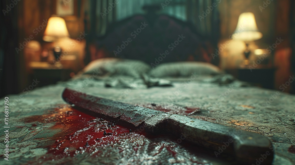 Bloody bedroom with a knife. Bloody bedroom with a knife.