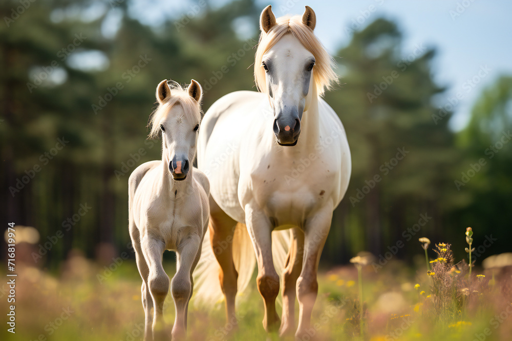 Obraz premium white horse and foal in the field,ai generated
