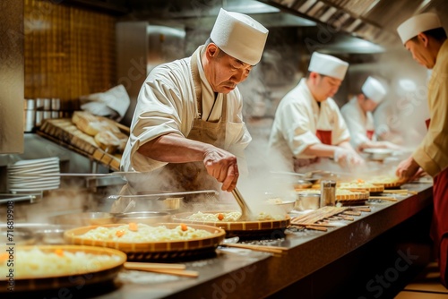 Professional chef cooking in a busy restaurant kitchen, surrounded by his team and culinary action. photo