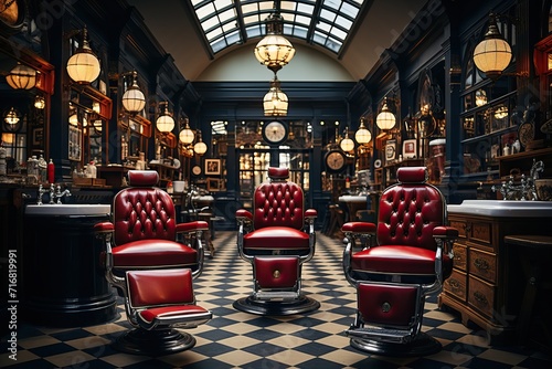 Soft red leather chairs in a barbershop.