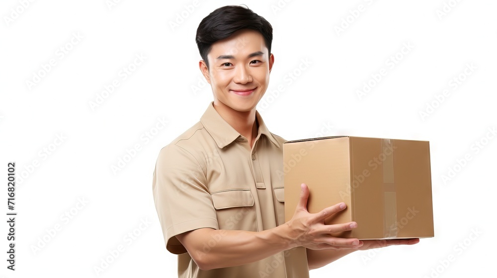 Asian worker holding a Box Delivery staff on white background Generative AI Asian worker holding a Box Delivery staff on white background Generative AI