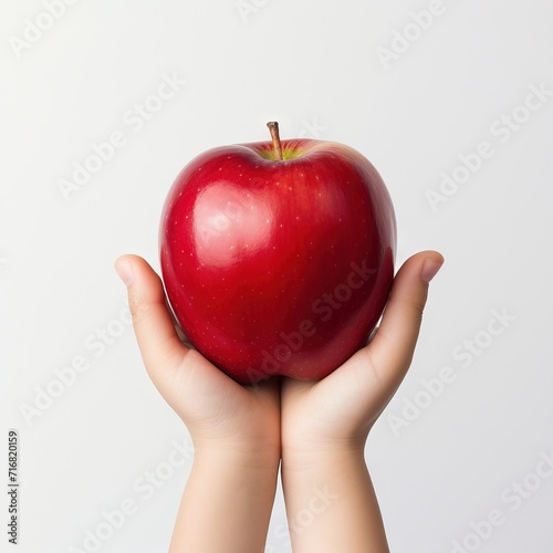 A child's hand holds a Sanfuji apple The background is white Generative AI