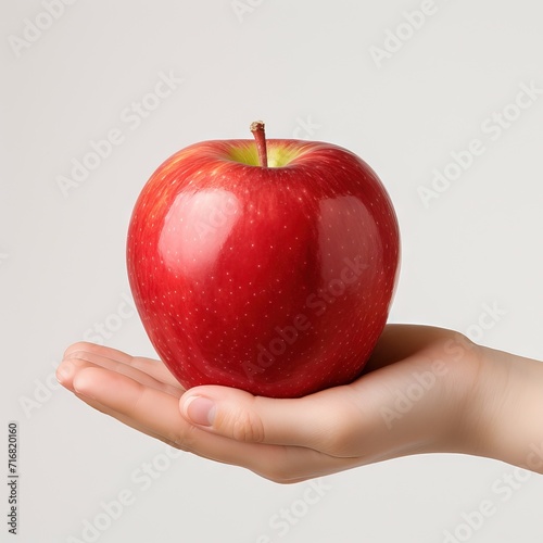 A child's hand holds a Sanfuji apple The background is white Generative AI