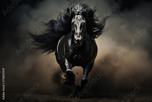 black horse running on dark background,ai generated © Veronica