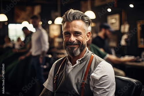 A smiling man after procedures in a barbershop, hair care of the head and beard.