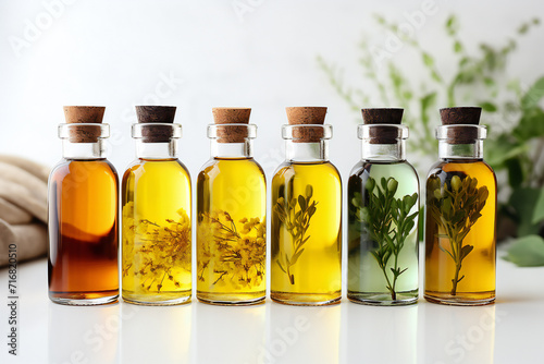 Bottles of essential oil on light background,ai generated