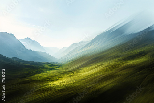 Blurred image of a green mountain range, nature motion blur 