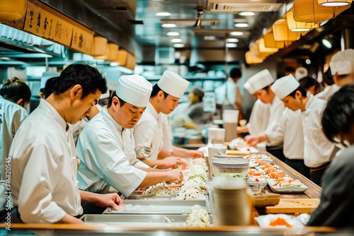 Japanese sushi chefs with traditional attire preparing fresh sushi in a busy restaurant kitchen.