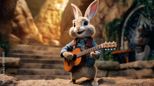 cartoonic easter bunny handling guitar ,Generative AI  photo