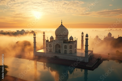 Aerial view of Taj Mahal in the Indian city of Agra, Uttar Pradesh. Morning fog. Sunrise.ai generated