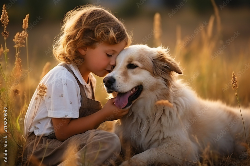 A little boy kisses his dog in the summer in the field,ai generated