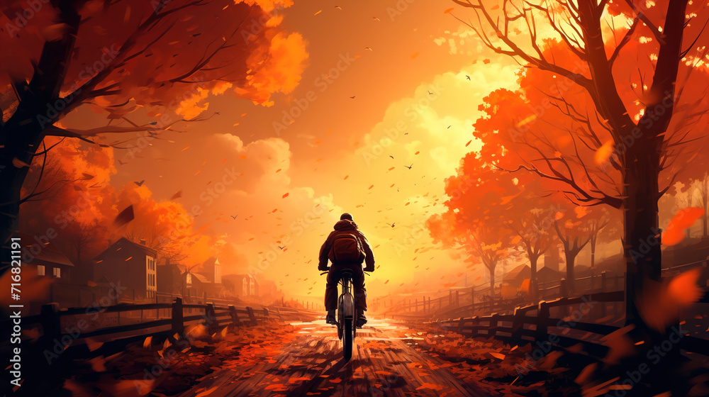 silhouette of a cycling person in the autumn silhouette of a cycling person in the autumn
