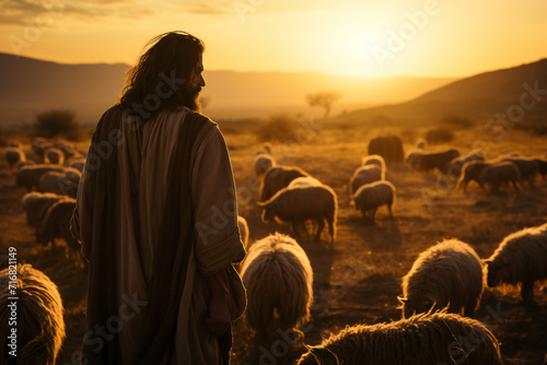 A shepherd with a flock of sheep in the field at sunset,ai generated © Veronica