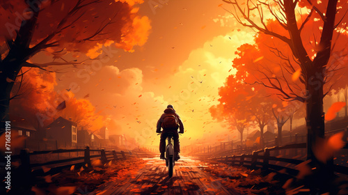 silhouette of a cycling person in the autumn
