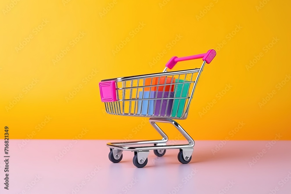 Colorful shopping cart, small shopping cart with goods on yellow and pink background, online shopping items, sale poster template.