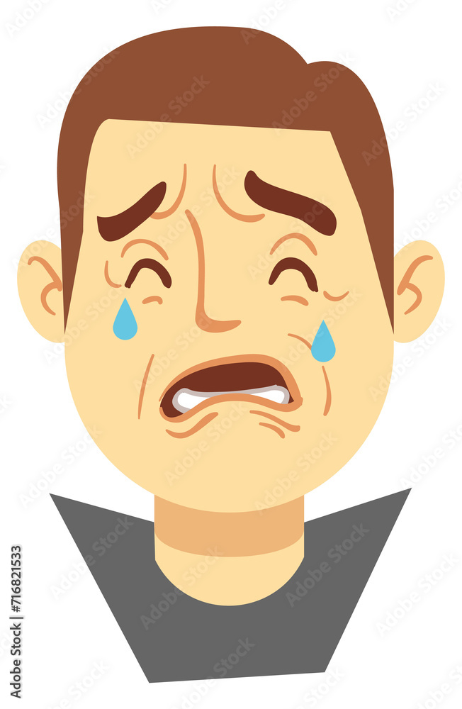 Crying man. Male face with tears. Cartoon emotion