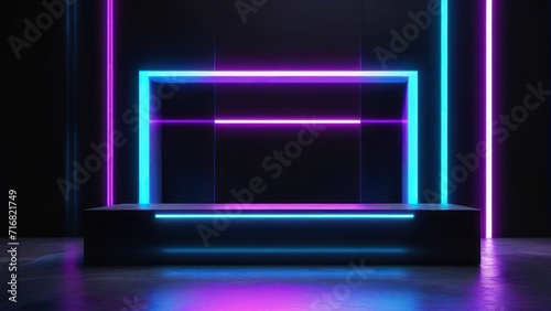 Futuristic Sci-Fi Abstract Blue And Purple Neon Light Shapes On Black Background And Reflective Concrete With Empty Space For Text 3D. generative, ai.