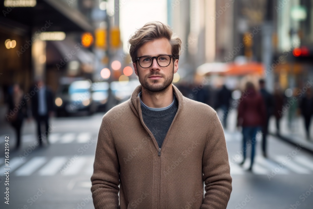 Portrait of a glad man in his 30s dressed in a warm wool sweater against a bustling city street background. AI Generation