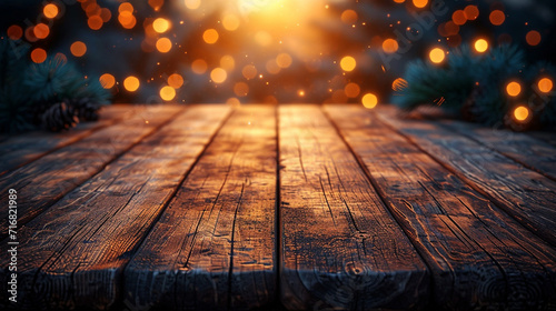 Empty wooden table top with a bokeh lights.