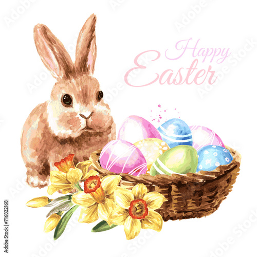 Colored Easter eggs , spring flowers and little rabbit, Hand drawn watercolor illustration isolated on white background  - копия