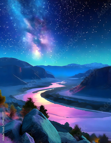 hills mountains river nature in aura sky night  (ID: 716822317)