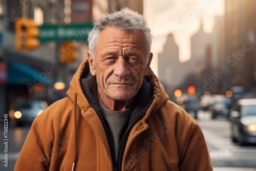 Portrait of a merry man in his 70s wearing a zip-up fleece hoodie against a bustling city street background. AI Generation