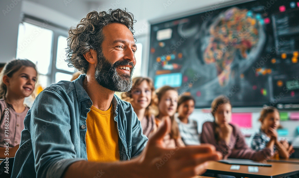 A teacher using technology in the classroom, guiding students through a virtual learning experience