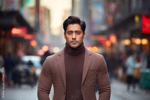 Portrait of a content indian man in his 20s wearing a classic turtleneck sweater against a bustling city street background. AI Generation