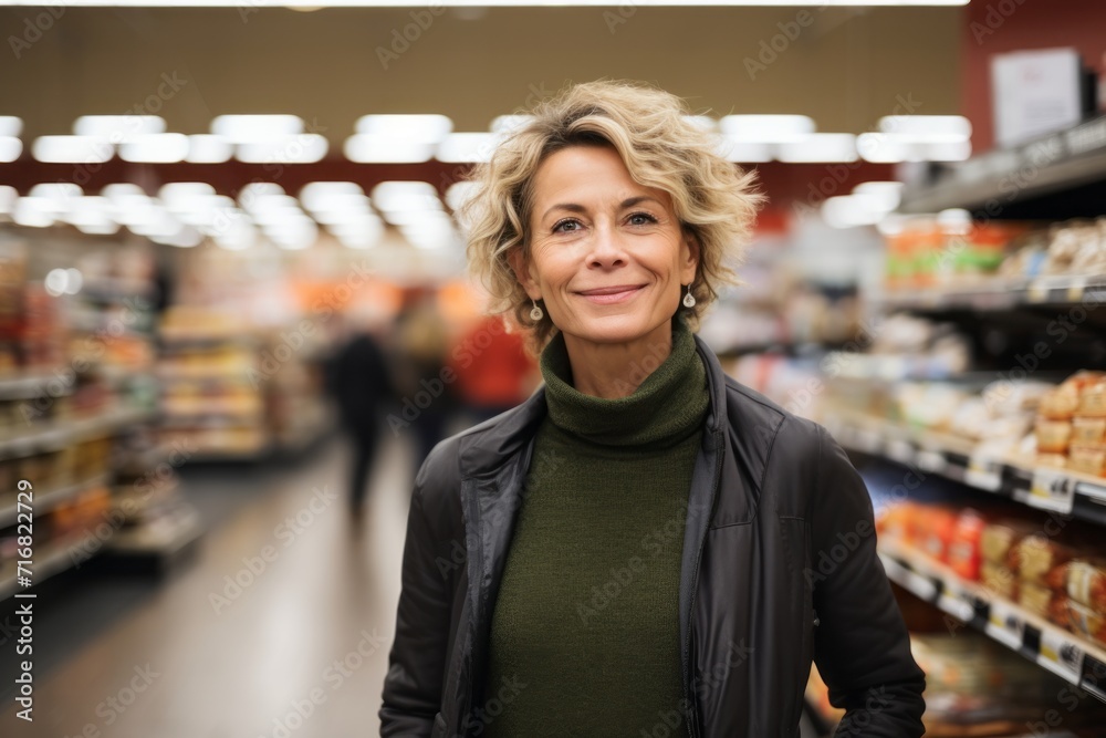 Portrait of a blissful woman in her 50s wearing a classic turtleneck sweater against a busy supermarket aisle background. AI Generation