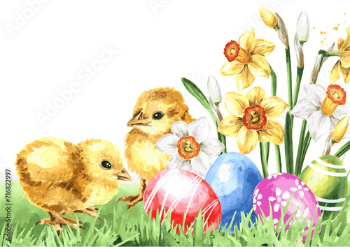 Colored Easter eggs , spring flowers and yellow chick. Hand drawn watercolor illustration isolated on white background 