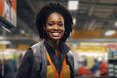 Portrait of a smiling afro-american woman in her 20s dressed in a water-resistant gilet against a busy supermarket aisle background. AI Generation