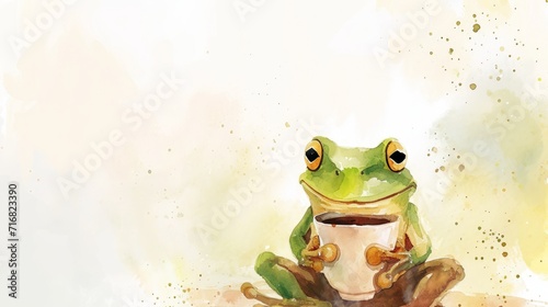 Watercolor frog illustration. Hand painted image of a cute frog. Frog clipart with cup of coffee, wallpaper. © nataliia_ptashka