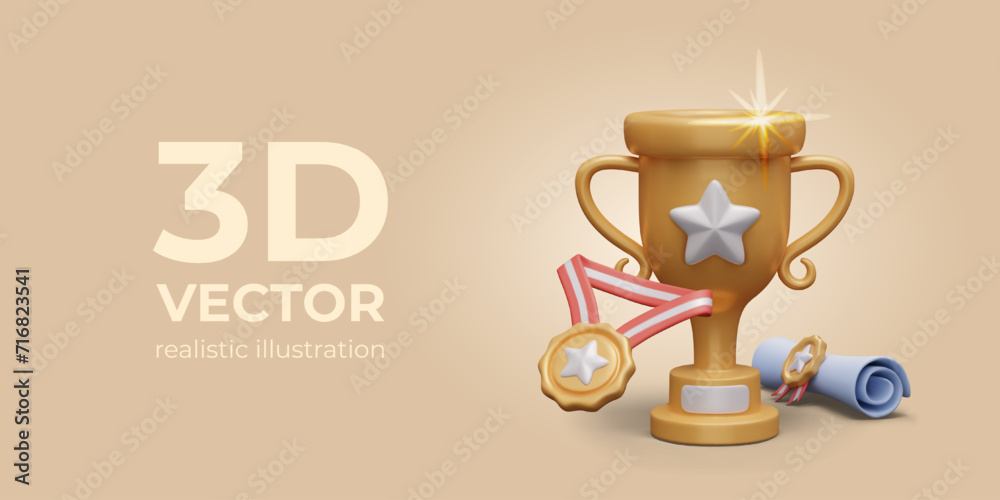 Concept of honoring winner. Advertising layout with golden cup, medal, certificate Concept of honoring winner. Advertising layout with golden cup, medal, certificate