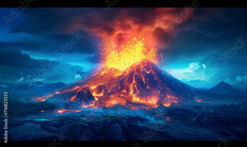 Volcano eruption with lava flow in dark