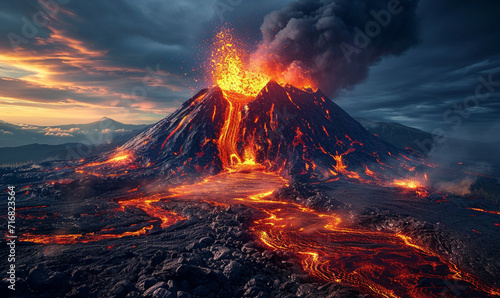 Volcano eruption with lava flow in dark