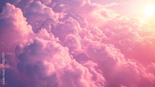 Close up view of beautiful colorful clouds, sky background, cartoon style. Fluffy clouds. Sunset, sundown background
