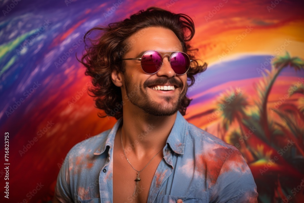 Portrait of a blissful man in his 30s wearing a trendy sunglasses against a vibrant yoga studio background. AI Generation Portrait of a blissful man in his 30s wearing a trendy sunglasses against a vibrant yoga studio background. AI Generation