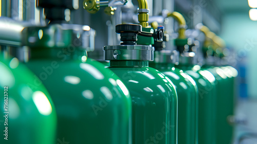 Green oxygen cylinders tank. Medical and healthcare equipment.