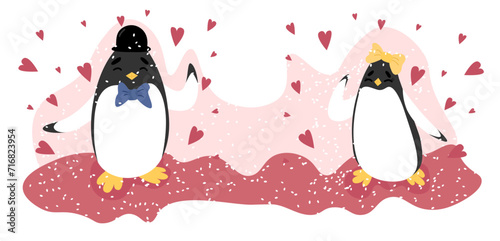 Valentine day vector illustration of two penguins in love on pink background with hearts flying around.