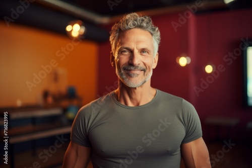 Portrait of a happy man in his 50s donning a trendy cropped top against a vibrant yoga studio background. AI Generation