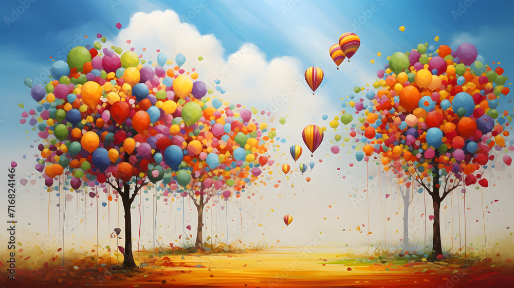 colorful free living illustration, with colorful balloons flying in the sky - obrazy, fototapety, plakaty 