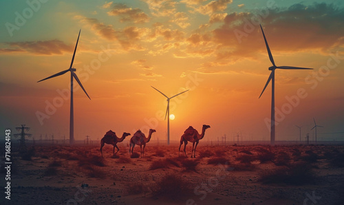 Wind turbine farm in desert . beautiful landscape of wide energy and camels in sunset. photo