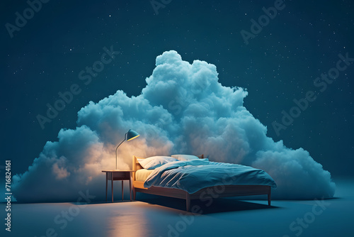 Night clouds with bed. Good night background.