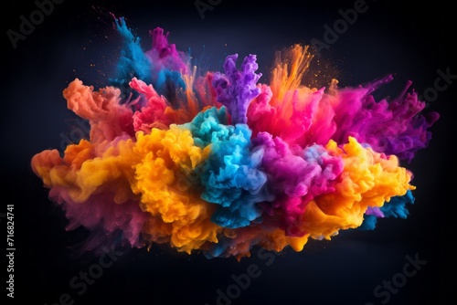 Colorful painted splash. Powder explosion. Abstract colorful dust on dark background.