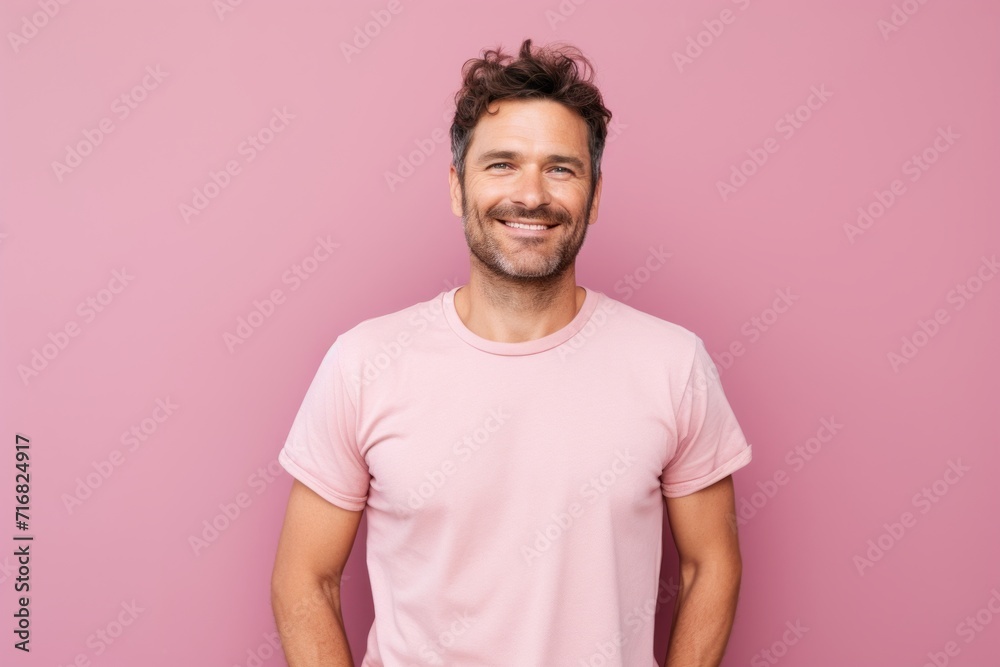 Portrait of a happy man in his 30s sporting a vintage band t-shirt against a pastel or soft colors background. AI Generation Portrait of a happy man in his 30s sporting a vintage band t-shirt against a pastel or soft colors background. AI Generation