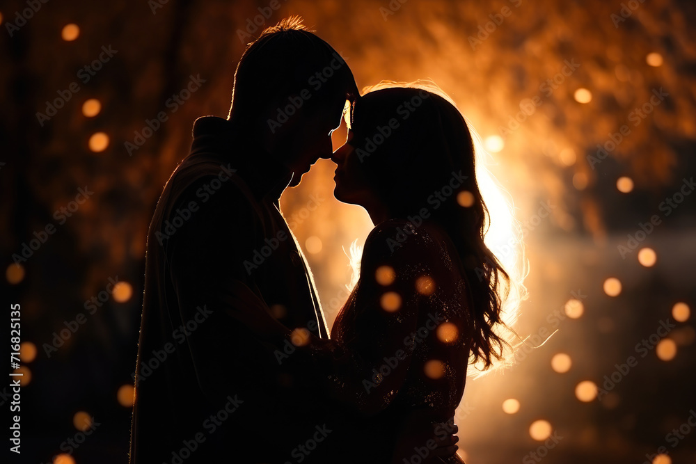 Dark silhouette of a young couple in love kissing on Valentine's Day at night with bokeh lights background