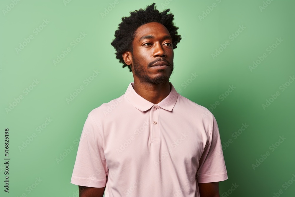 Portrait of a tender afro-american man in his 30s wearing a breathable golf polo against a pastel or soft colors background. AI Generation Portrait of a tender afro-american man in his 30s wearing a breathable golf polo against a pastel or soft colors background. AI Generation