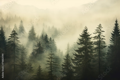 Foggy forest with dark trees and mountains. Vintage background. © Dzmitry