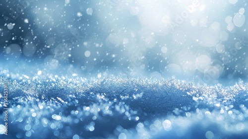 Icy sapphire landscape with glittering frost and a soft bokeh effect, conveying a winter wonderland theme background