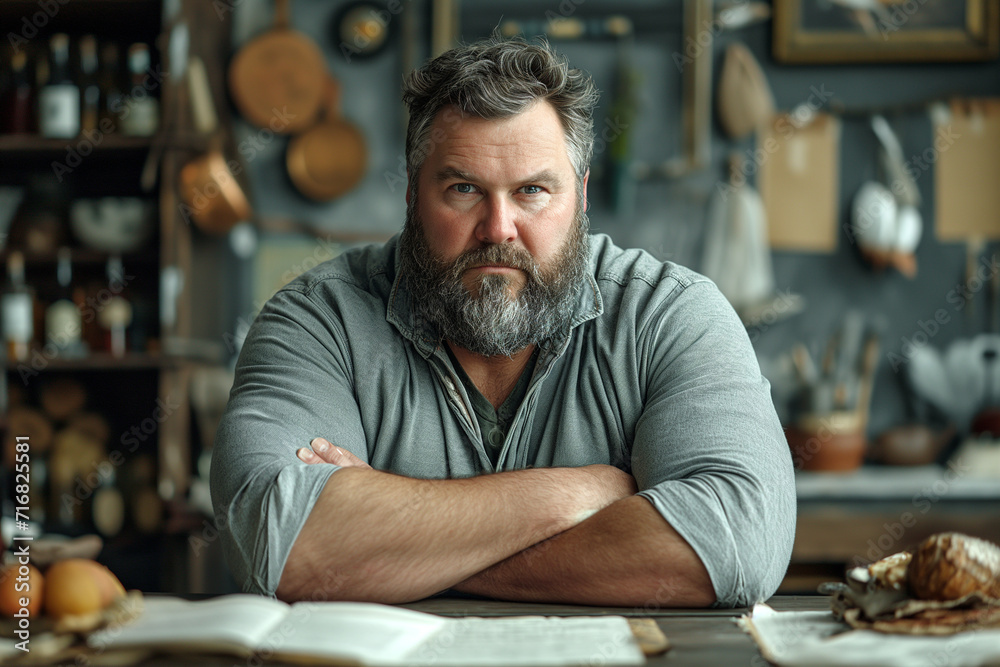Bearded Man With Crossed Arms in a Workshop Bearded Man With Crossed Arms in a Workshop